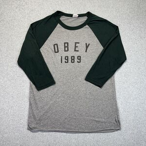 Obey Raglan T-Shirt Men’s Large Green Gray Made in USA Spellout Vintage Skate